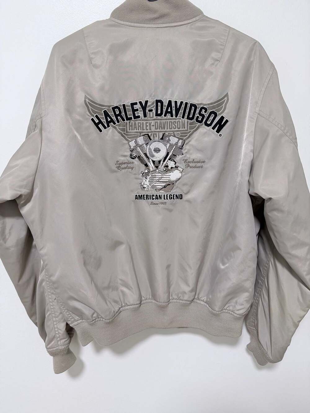 Vintage Medium Harley-Davidson Bomber Jacket Tan Nylon Engine Patches Full Zip